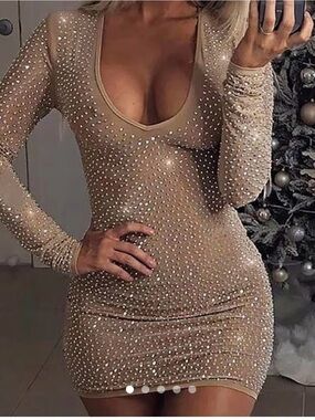 Fashion Nova Sheer Nude Embellished Scoop Neck Bodycon Dress